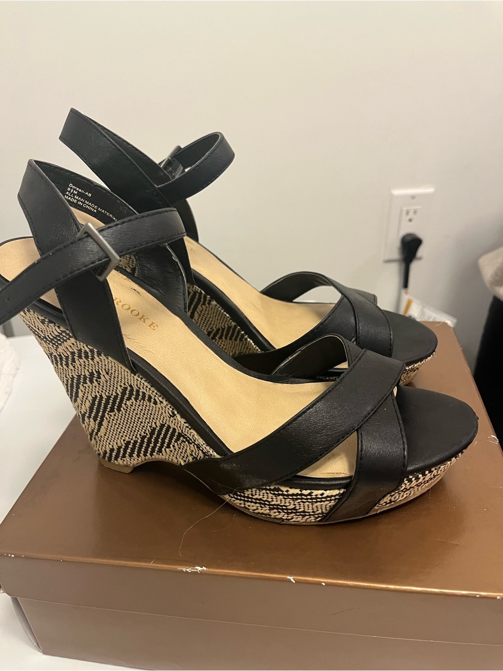 Audrey Brooke Black Strappy Wedge Sandals with Patterned Platform